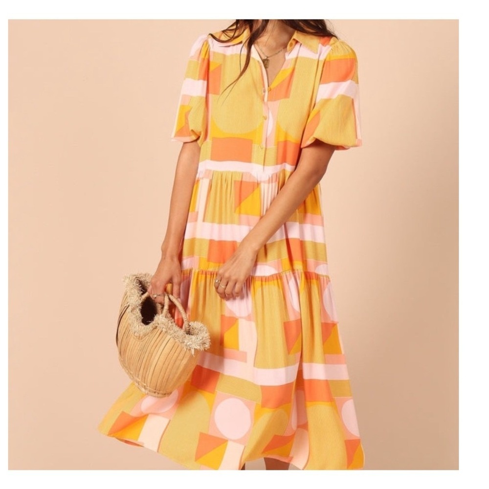 Petal + Pup Tanja Collar Midi Shirt Dress Women S Mustard Yellow Geometric